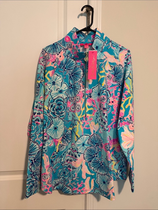 Lilly Pulitzer Sweaters - Lilly Pulitzer Teal Floral Half-Zip Popover with Pink Accents